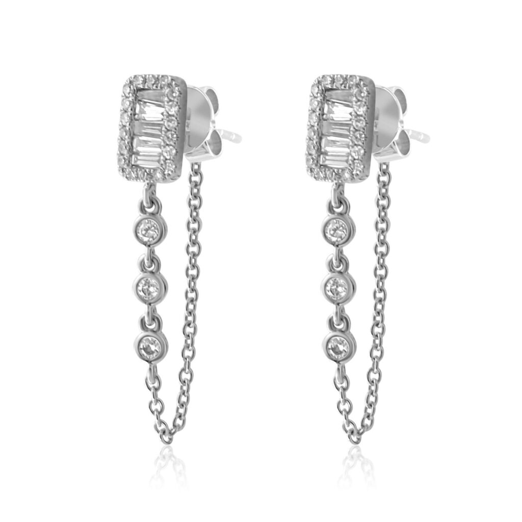 925 Sterling Silver Baguette Illusion Bezel Rectangle Diamond Loop Earring