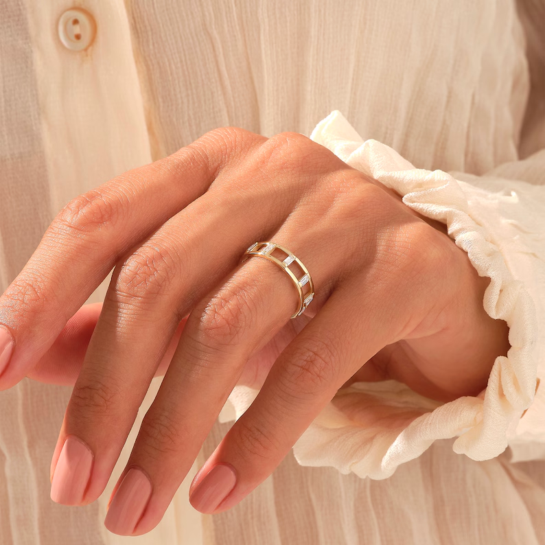 925 Sterling Silver Baguette Ladder Ring | Vertical Baguette Full Eternity Ring