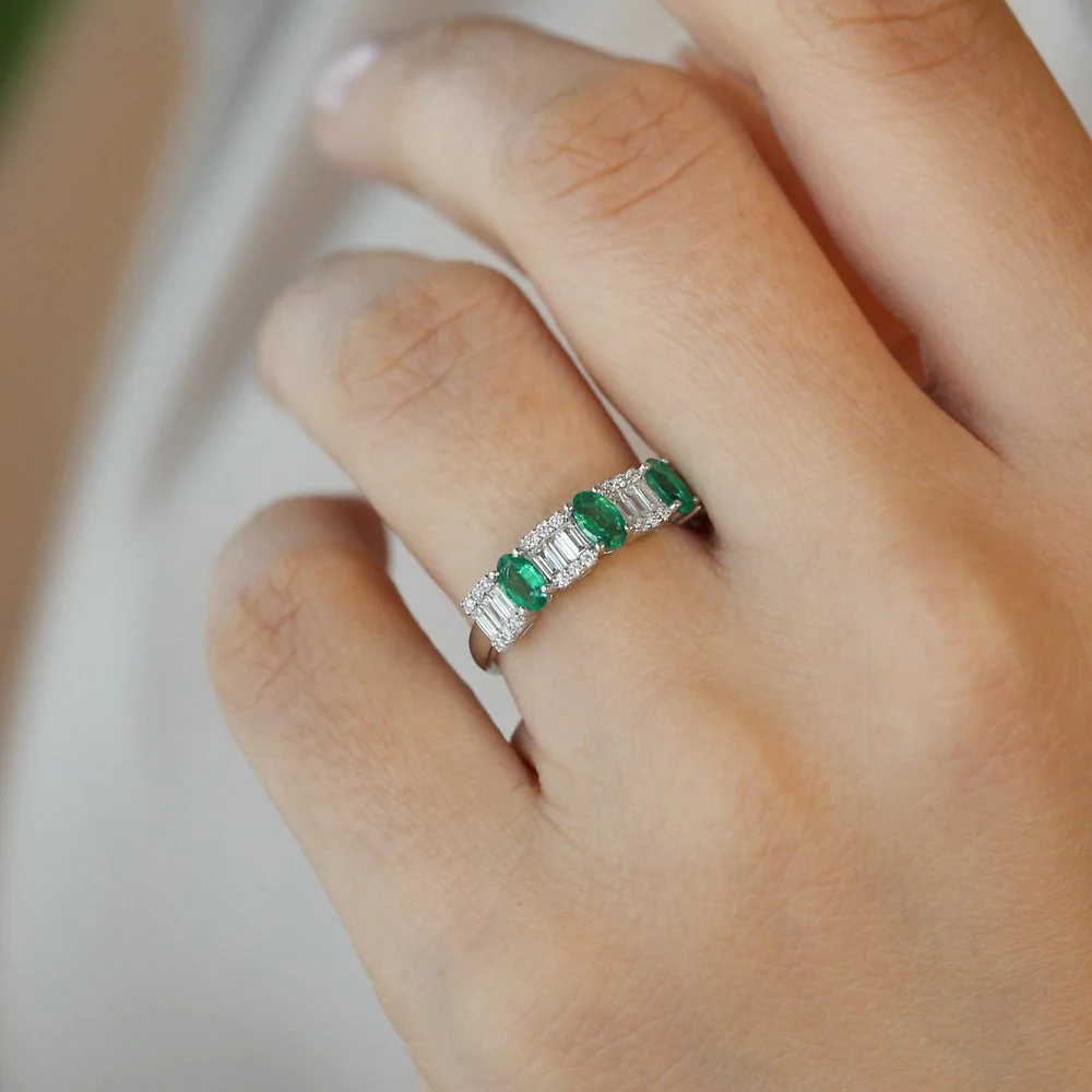 925 Sterling Silver Baguette & Round Diamond with Genuine Emerald Ring
