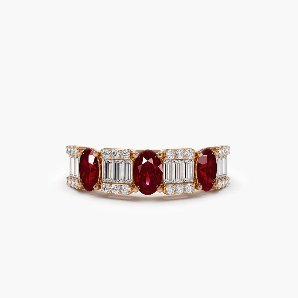 925 Sterling Silver Baguette & Round Diamond with Genuine Ruby Ring