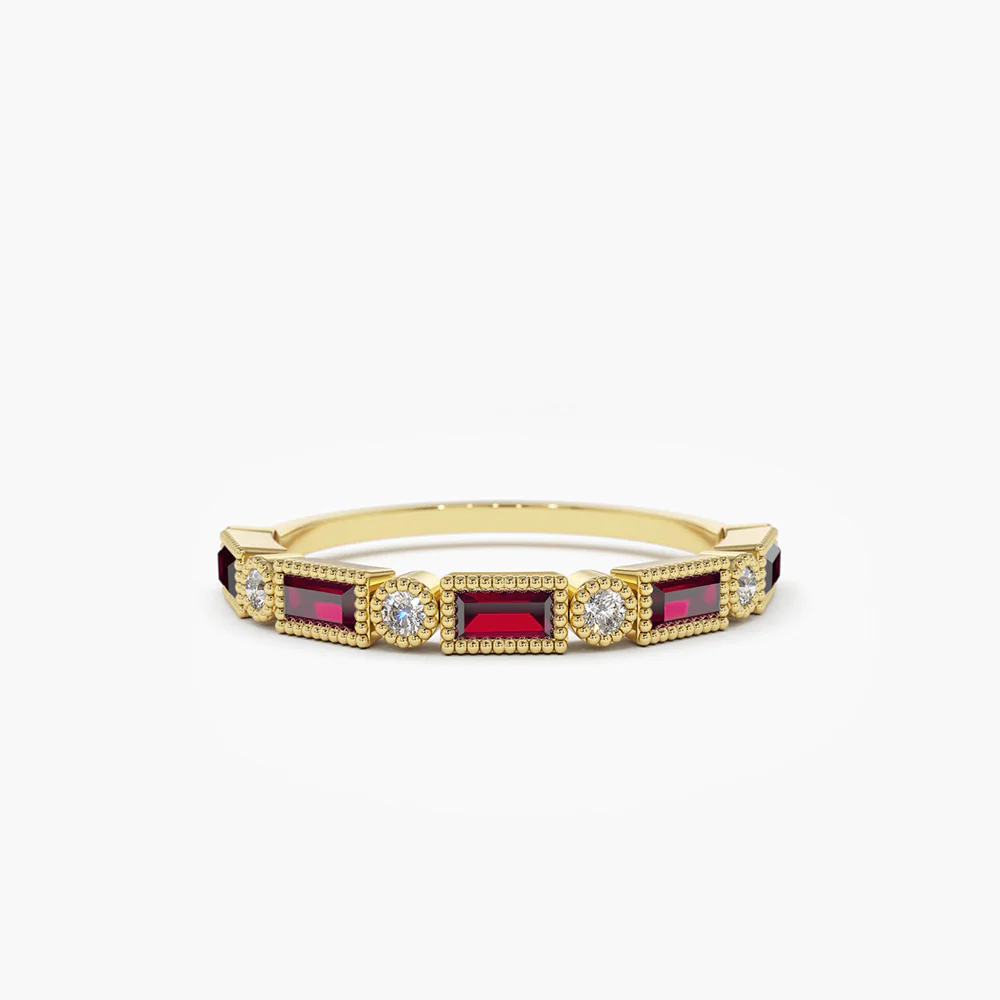 925 Sterling Silver Baguette Ruby and Diamond Ring