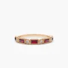 Baguette ruby and round diamond details in a slim silver ring