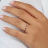 Modern ring design with ruby centre row and bright accents