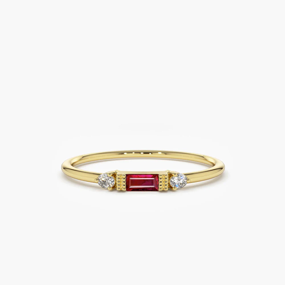 925 Sterling Silver Baguette Ruby With Diamond Ring
