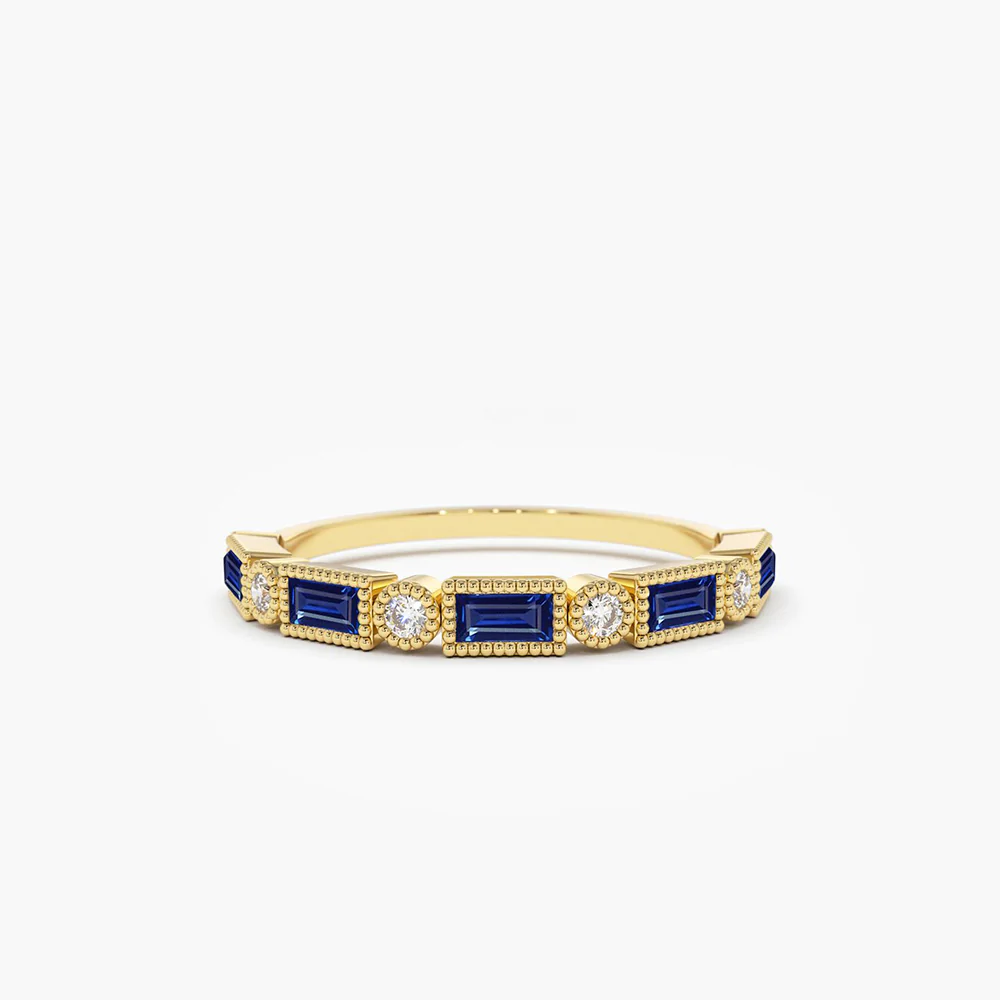 925 Sterling Silver Baguette Sapphire and Diamond Ring