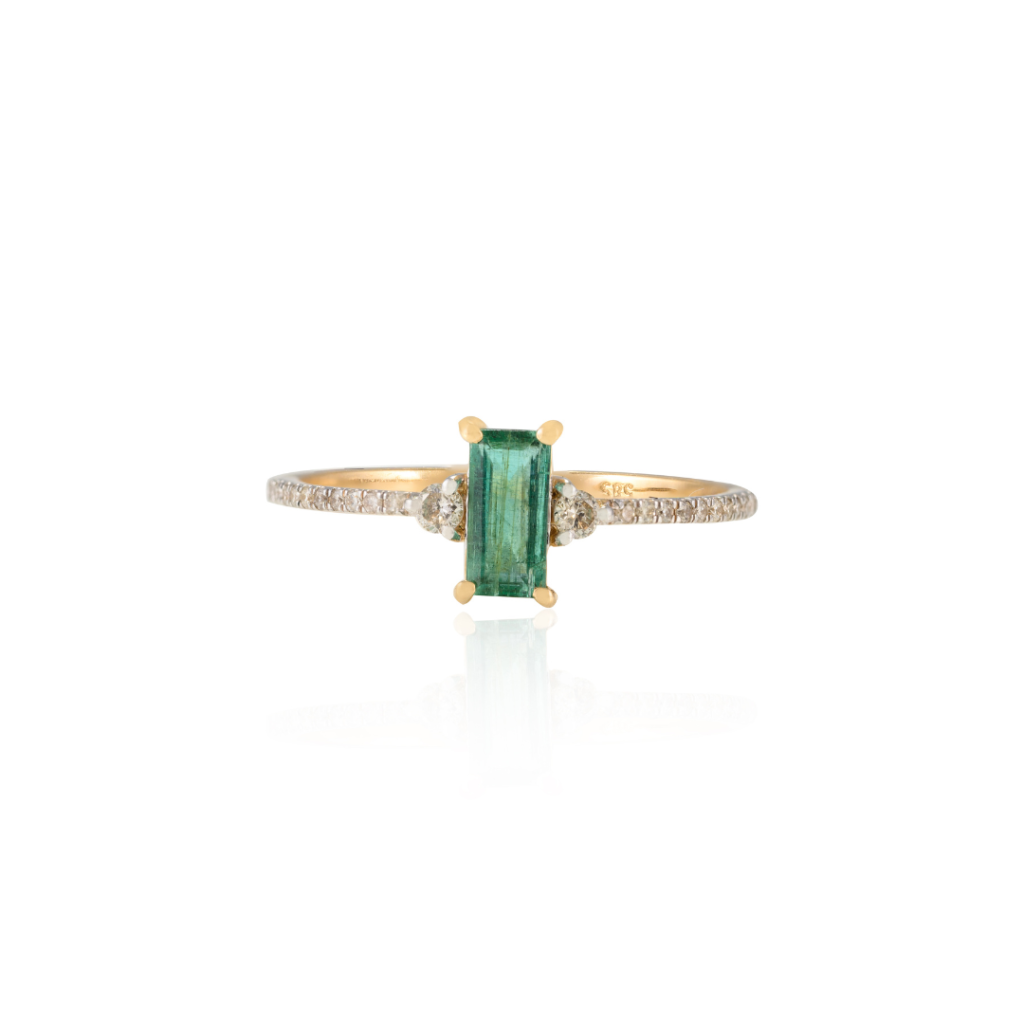 925 Sterling Silver Baguette Shape Emerald and Diamond Ring