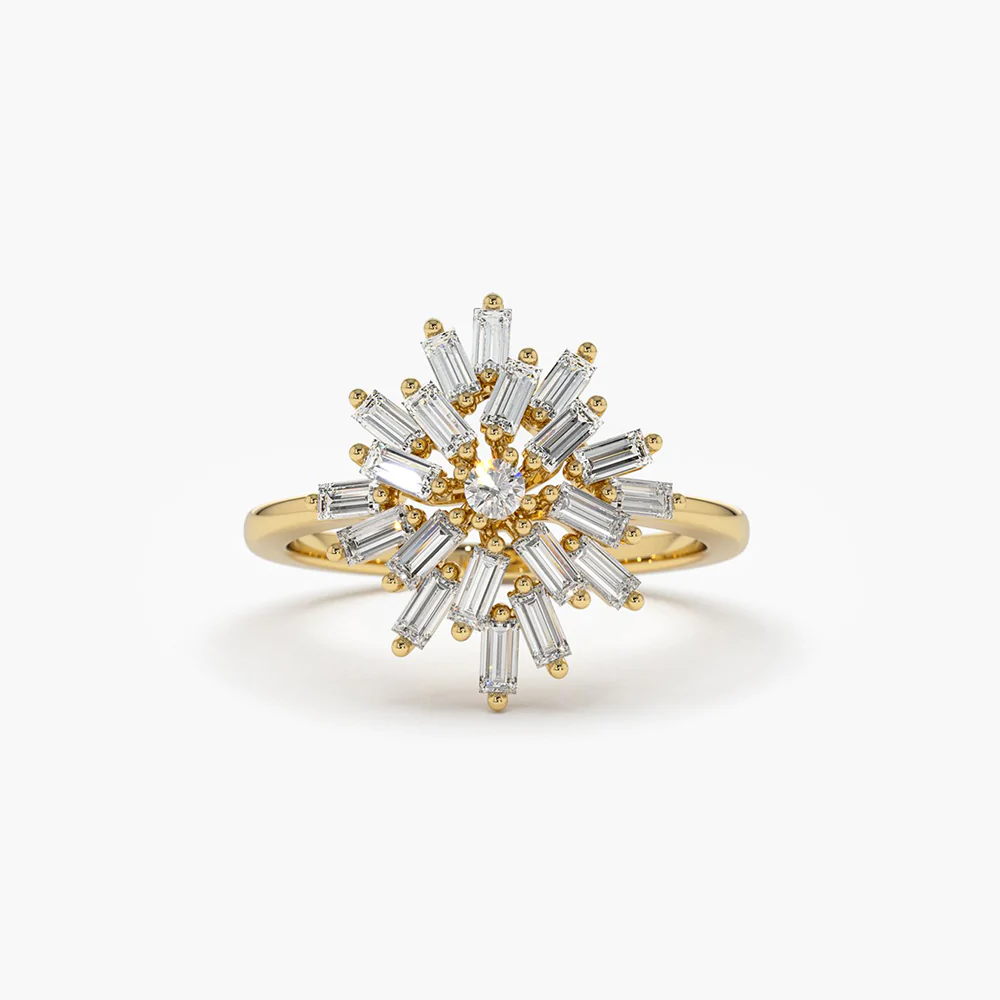 925 Sterling Silver Ballerina Baguette Diamond Cluster Ring