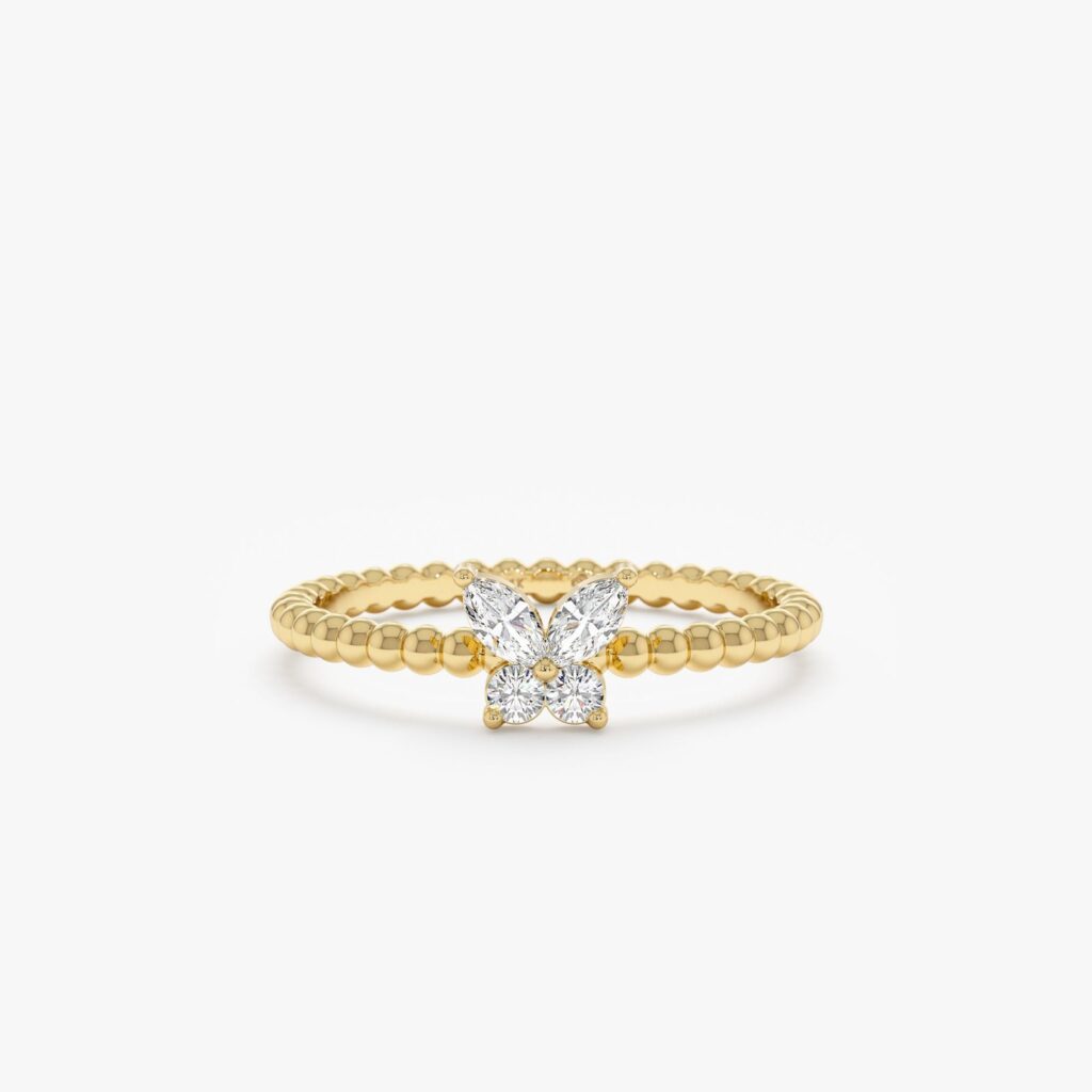 925 Sterling Silver Beaded Diamond Butterfly Ring