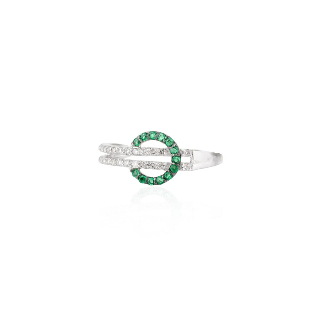 925 Sterling Silver Belt Buckle Ring In Emerald & Diamond