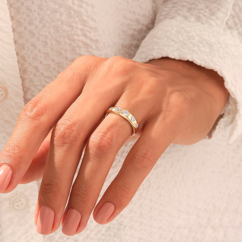925 Sterling Silver Bezel Diamond Wedding Ring: Chunky Dome Bridal Band with 5 Round Stones