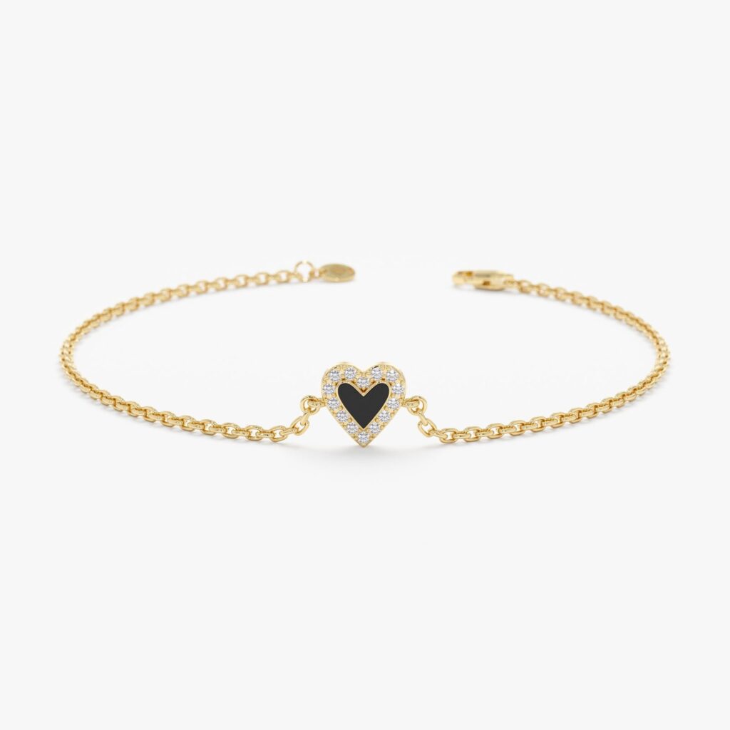 925 Sterling Silver Black Enamel Heart Diamond Bracelet