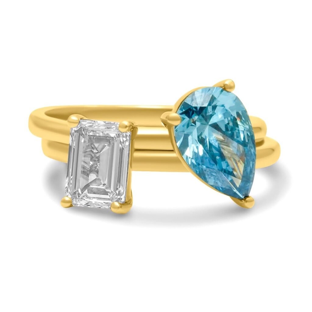 925 Sterling Silver Blue Diamond Pear and Emerald Cut Double Ring