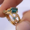 925 Sterling Silver leaf engagement ring set with blue-green stone