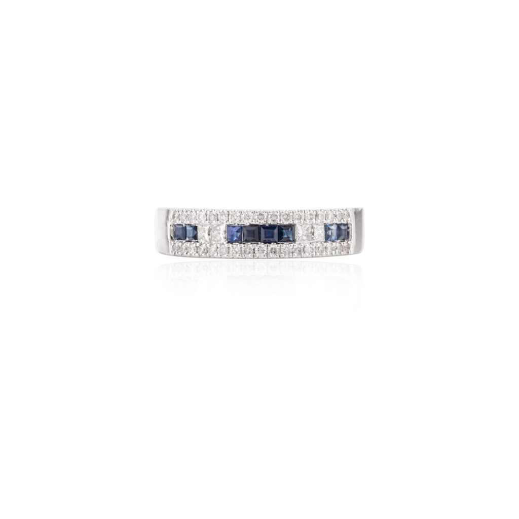 925 Sterling Silver Blue Sapphire Diamond Band Ring