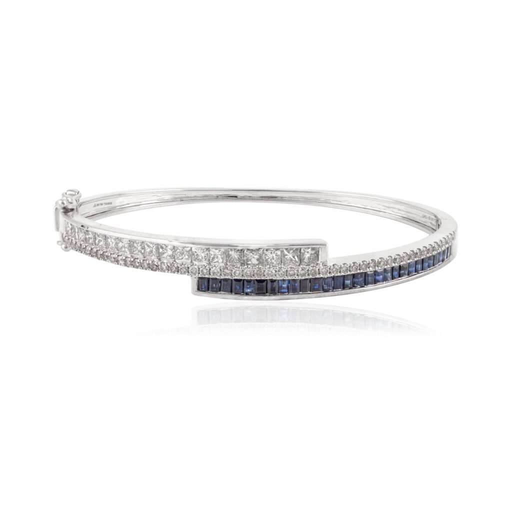 925 Sterling Silver Blue Sapphire & Diamond Cuff Bangle Bracelet
