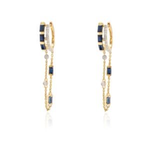 925 Sterling Silver Blue Sapphire Diamond Dangling Chain Earrings