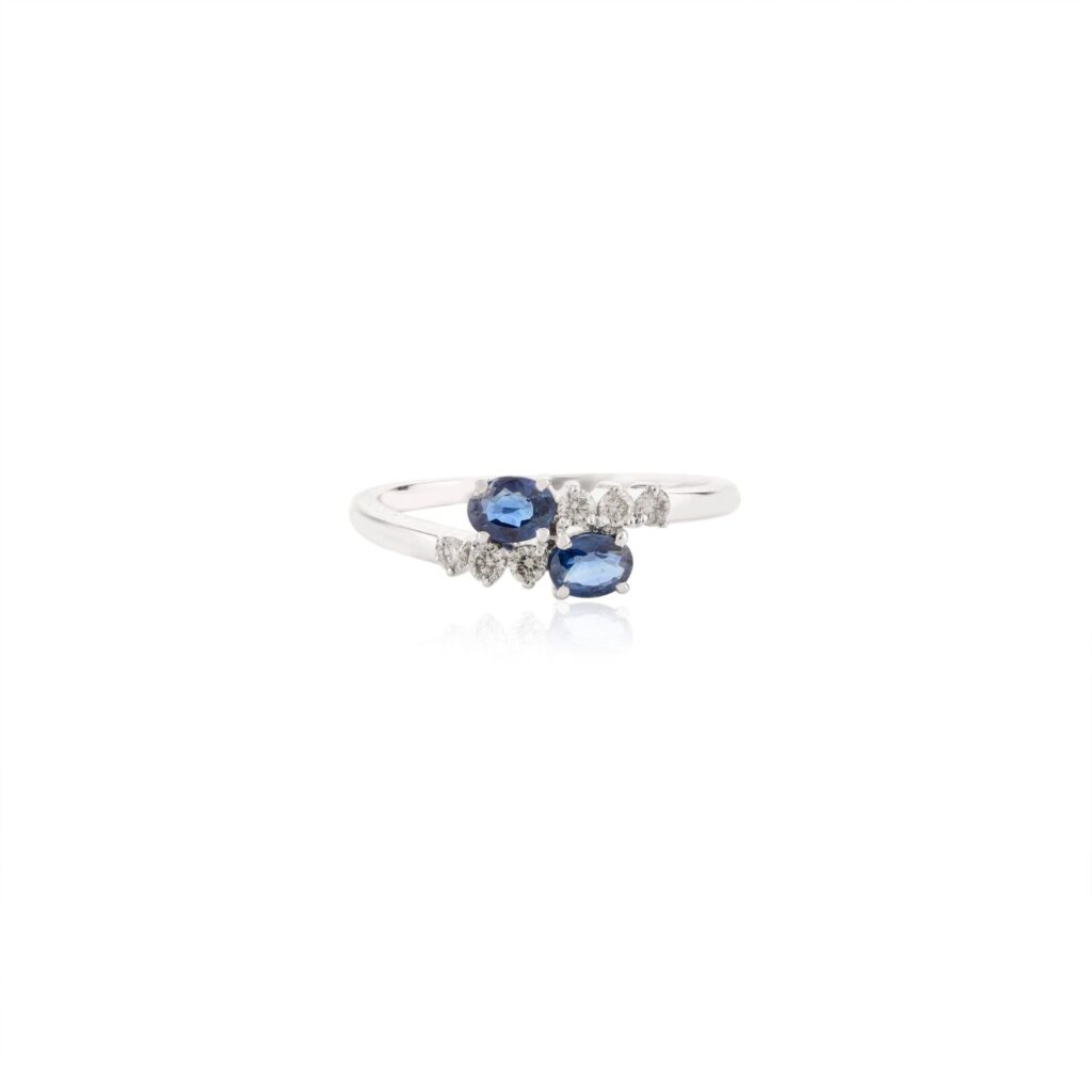 925 Sterling Silver Blue Sapphire Diamond Two Stone Ring