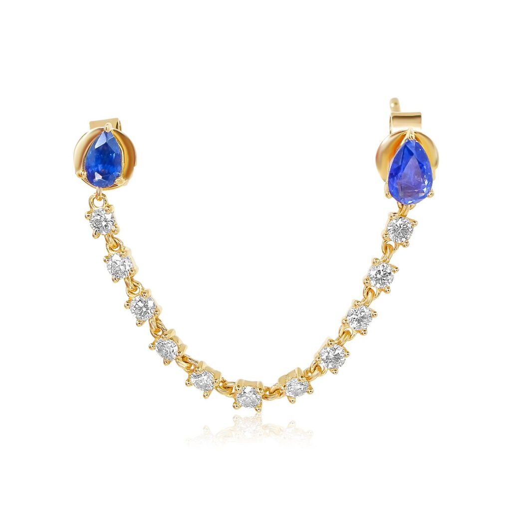925 Sterling Silver Blue Sapphire Pear Diamond Connecting Earring