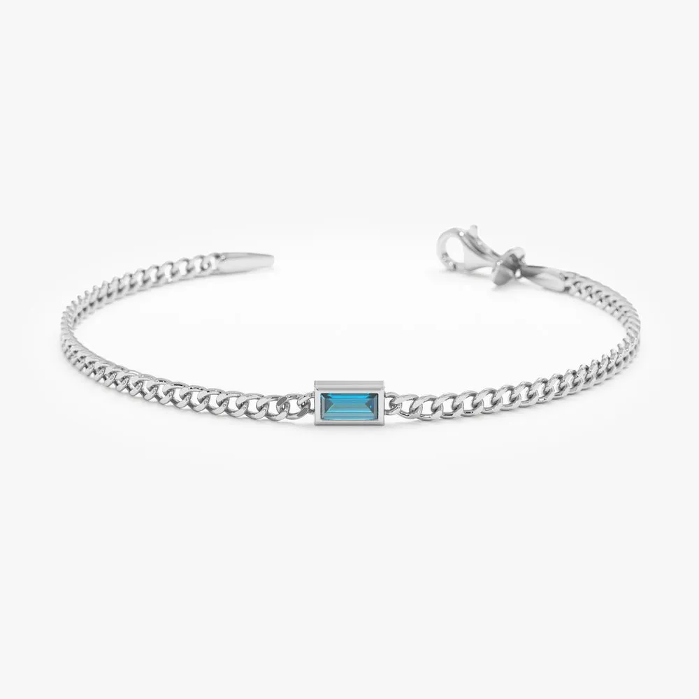 925 Sterling Silver Blue Topaz Cuban Chain Bracelet