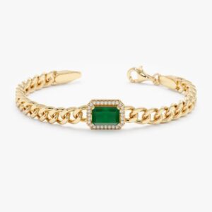 925 Sterling Silver Bold Emerald & Diamond Cuban Chain Bracelet