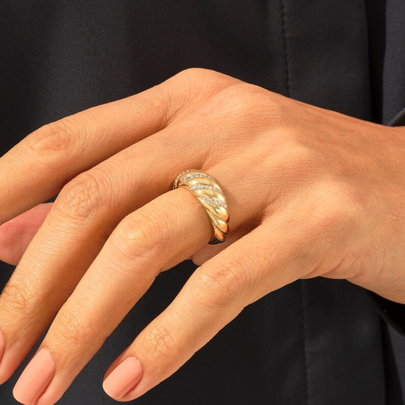 925 Sterling Silver Chunky Ring with Diamond Baguettes | Women's Dome Statement Ring