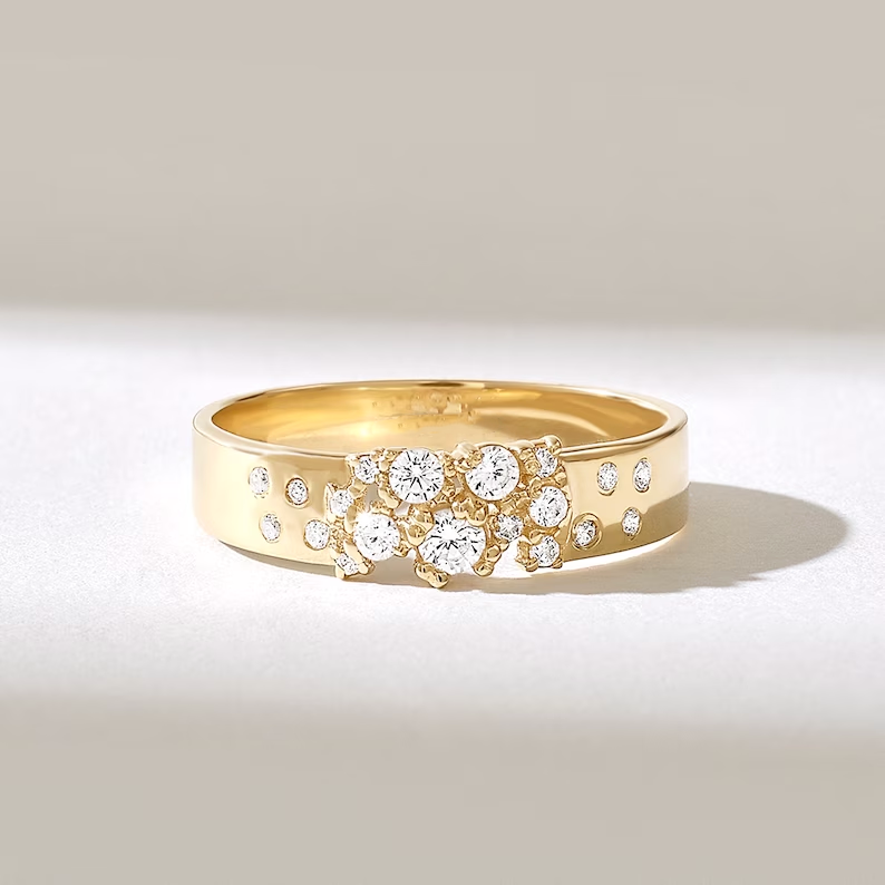 925 Sterling Silver Cluster Diamond Wedding Band: Thick Women's Scattered Cigar Band