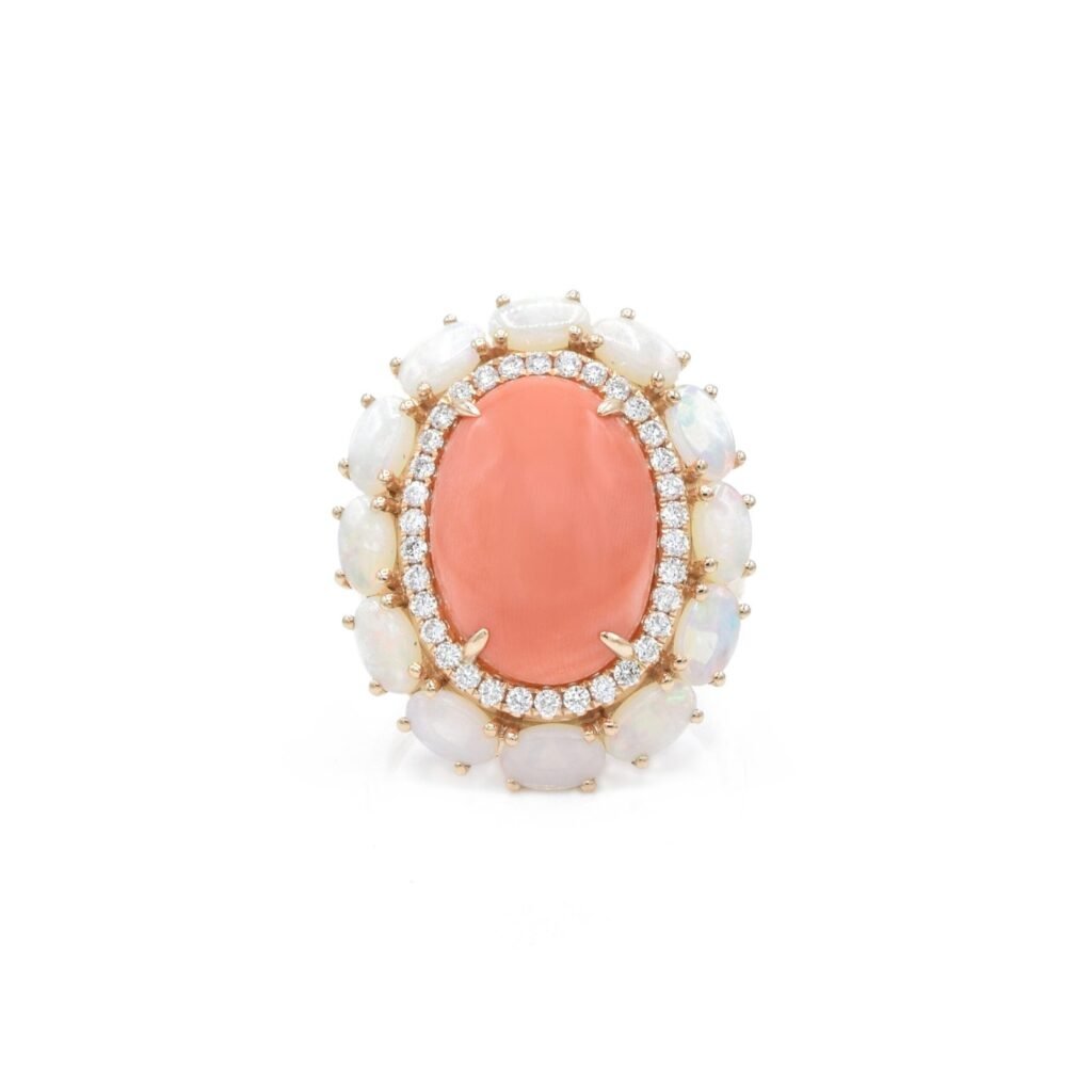 925 Sterling Silver Coral & Opal Diamond Ring