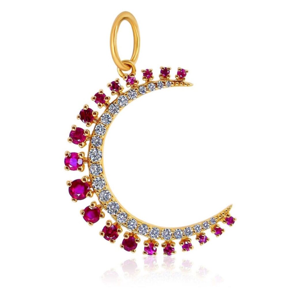 925 Sterling Silver Crescent Diamond and Ruby Moon Pendant