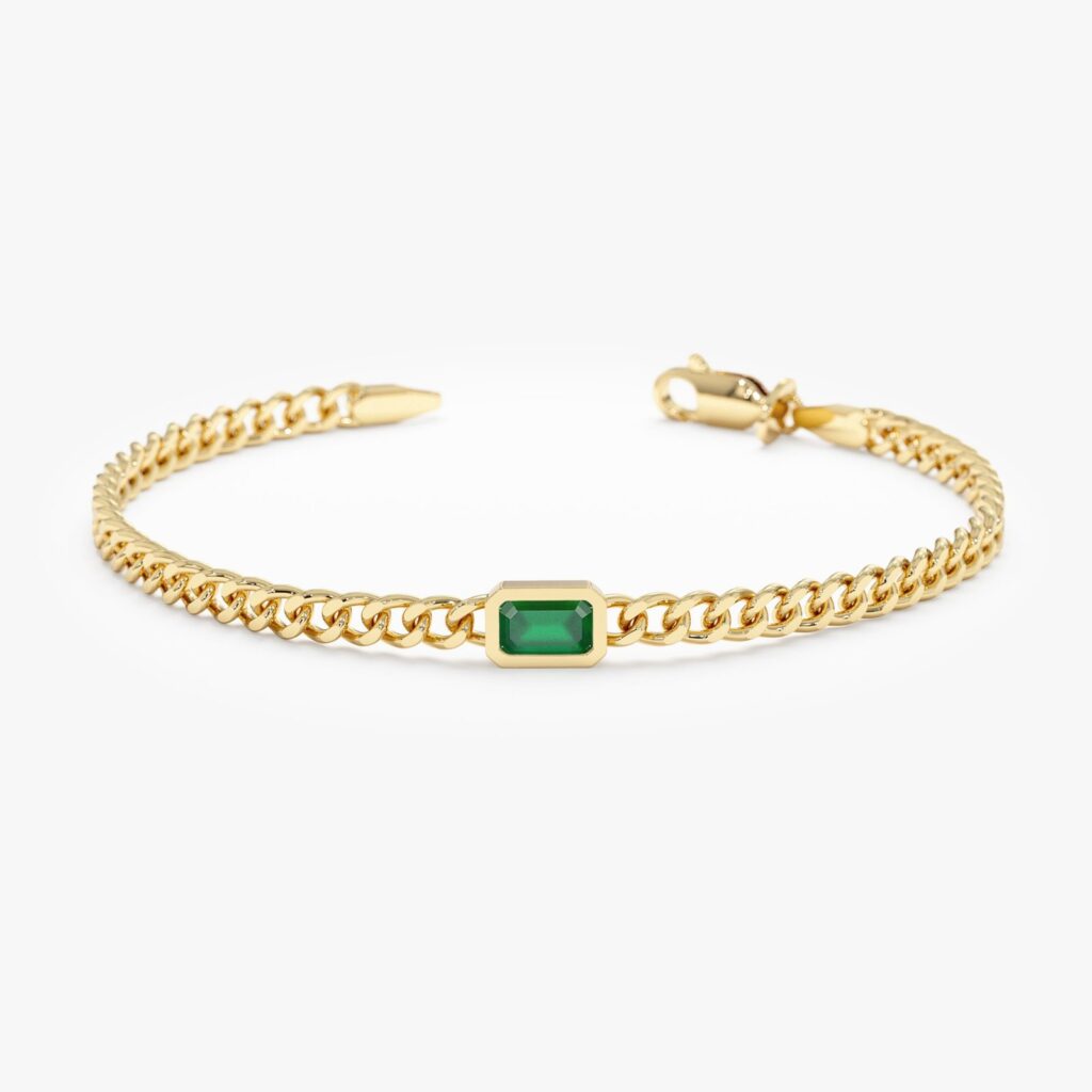 925 Sterling Silver Cuban Chain Emerald Bracelet