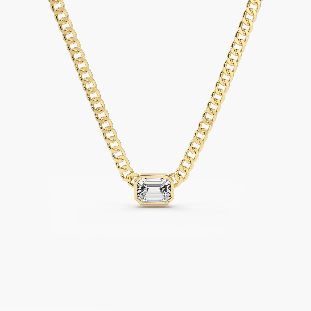 925 Sterling Silver Cuban Link Bezel Setting Emerald Cut Diamond Necklace