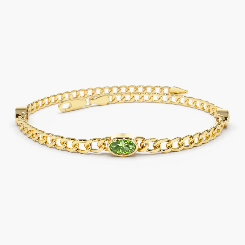 925 Sterling Silver Cuban Link Bracelet w/ Bezel Setting Peridot Bangles