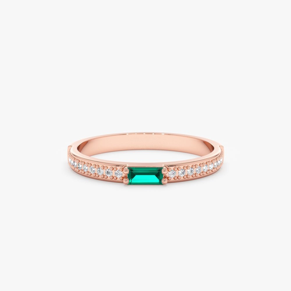 925 Sterling Silver Diamond and Baguette Emerald Ring