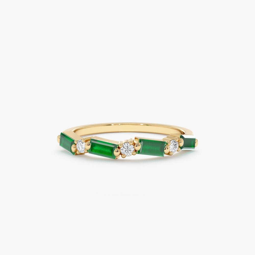 925 Sterling Silver Diamond and Baguette Emerald Ring