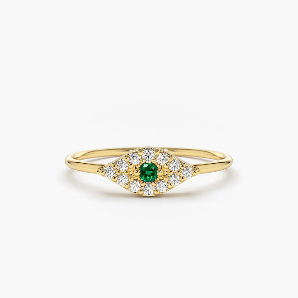 925 Sterling Silver Diamond and Emerald Evil Eye Ring