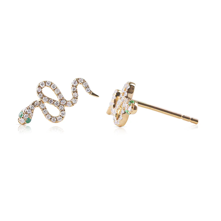 925 Sterling Silver Diamond and Emerald Snake Studs