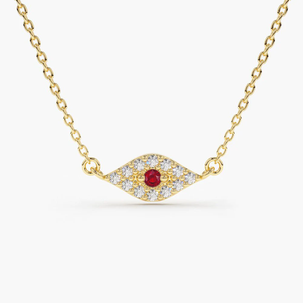 925 Sterling Silver Diamond and Ruby Evil Eye Necklace