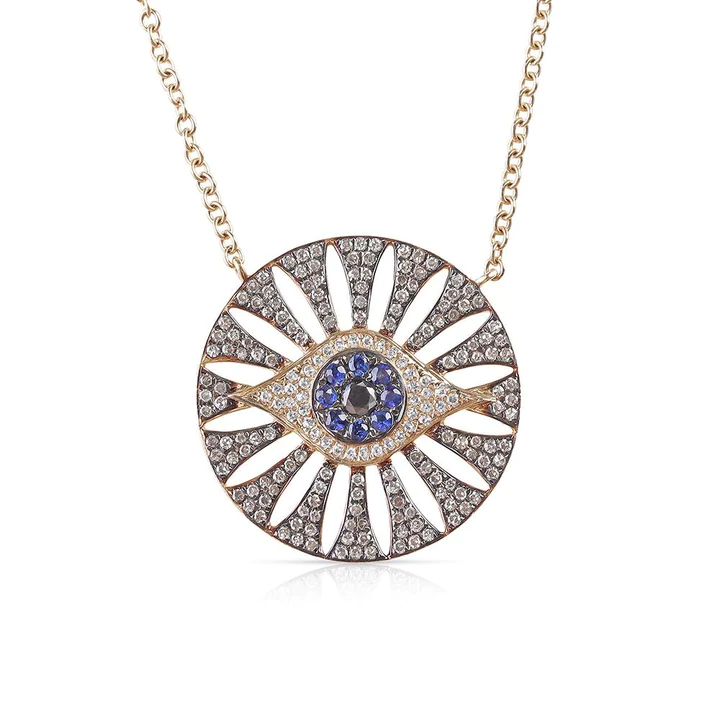 925 Sterling Silver Diamond And Sapphire Evil Eye Cutout Medallion Necklace