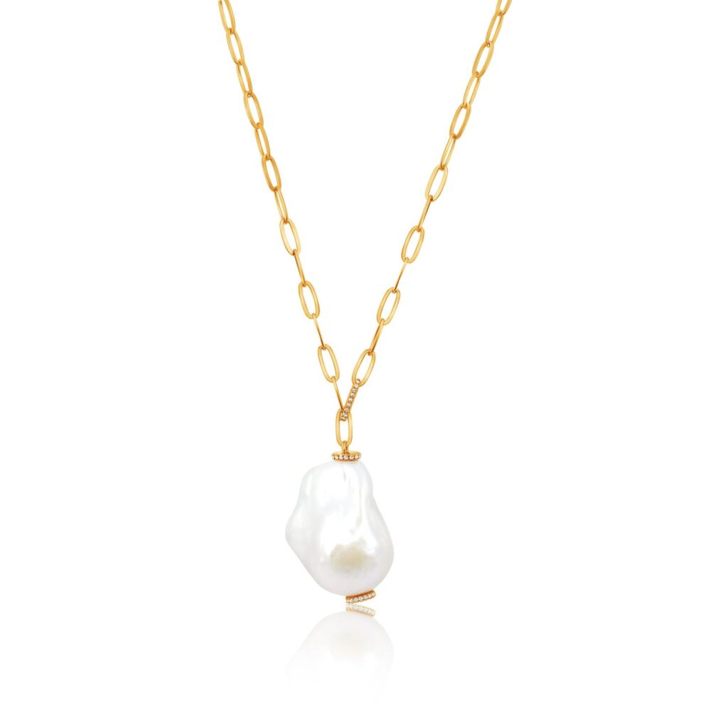 925 Sterling Silver Diamond Baroque Pearl Necklace