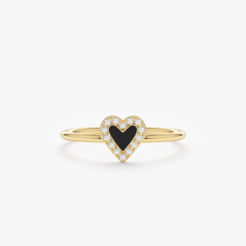 925 Sterling Silver Diamond & Black Enamel Heart Ring