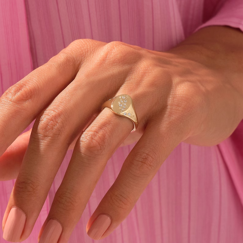 925 Sterling Silver Diamond Celestial Signet Ring: Star & Moon Dome Design