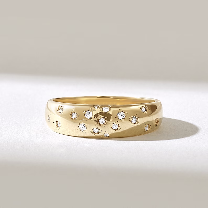925 Sterling Silver Diamond Constellation Ring, Minimalist Dome Celestial Design