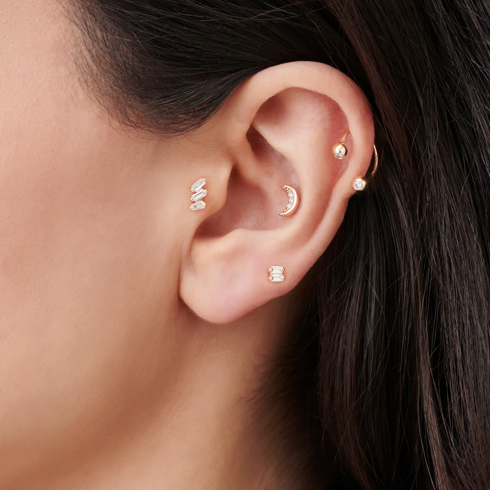 925 Sterling Silver Diamond Crescent Moon Helix Piercing Studs