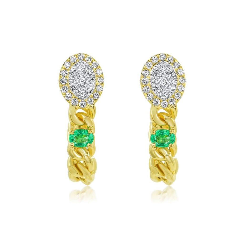 925 Sterling Silver Diamond Cuban Emerald Link Loop Earring