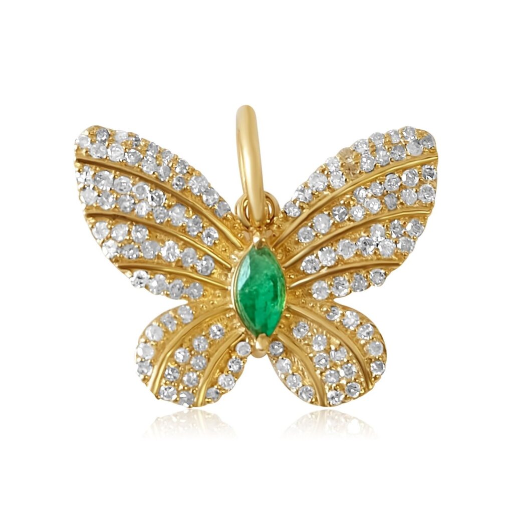 925 Sterling Silver Diamond Emerald Marquise Butterfly Pendant