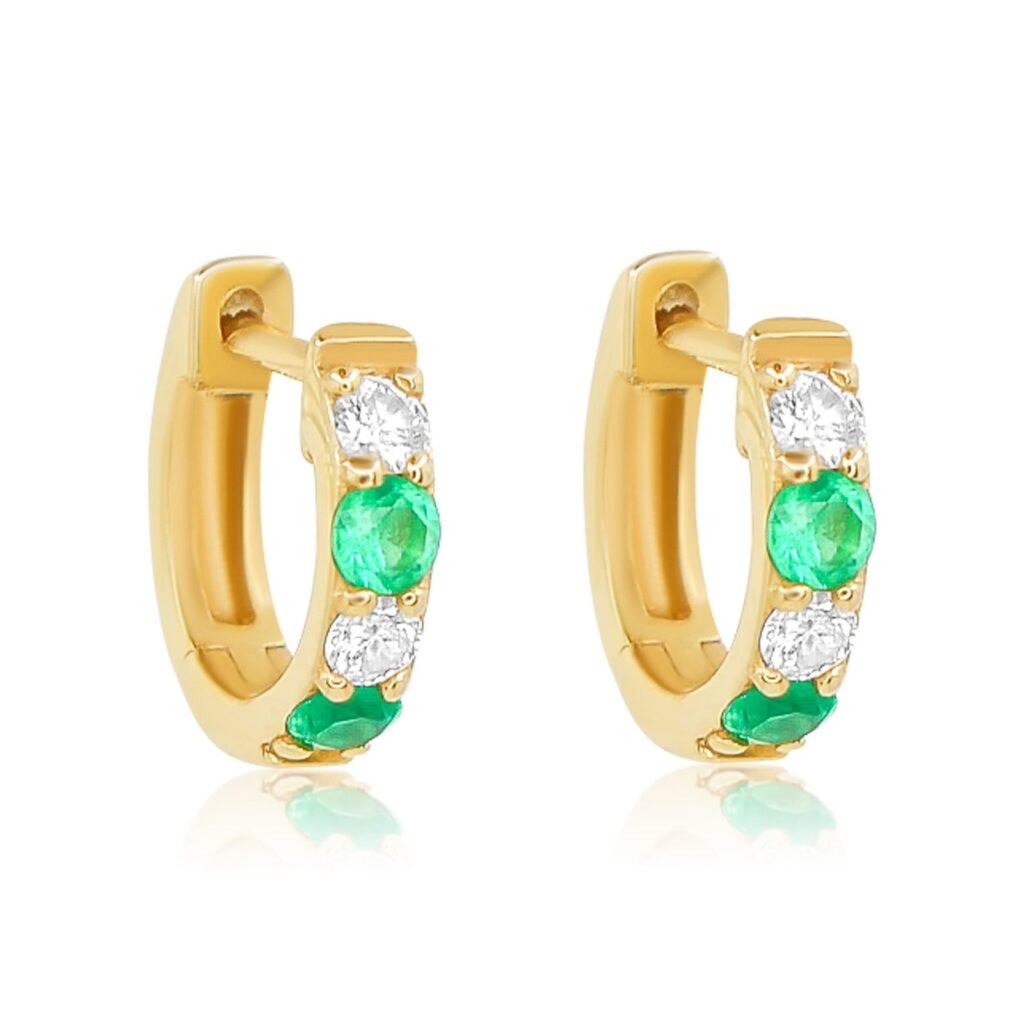925 Sterling Silver Diamond Emerald Mini Prong Hoop Earring