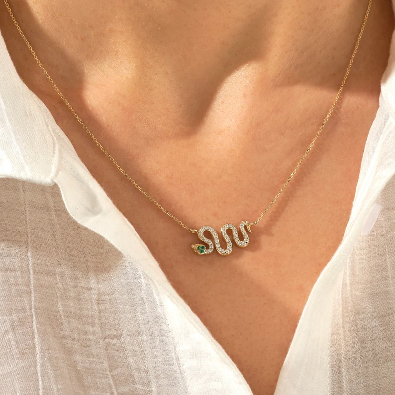 925 Sterling Silver Diamond & Emerald Snake Necklace