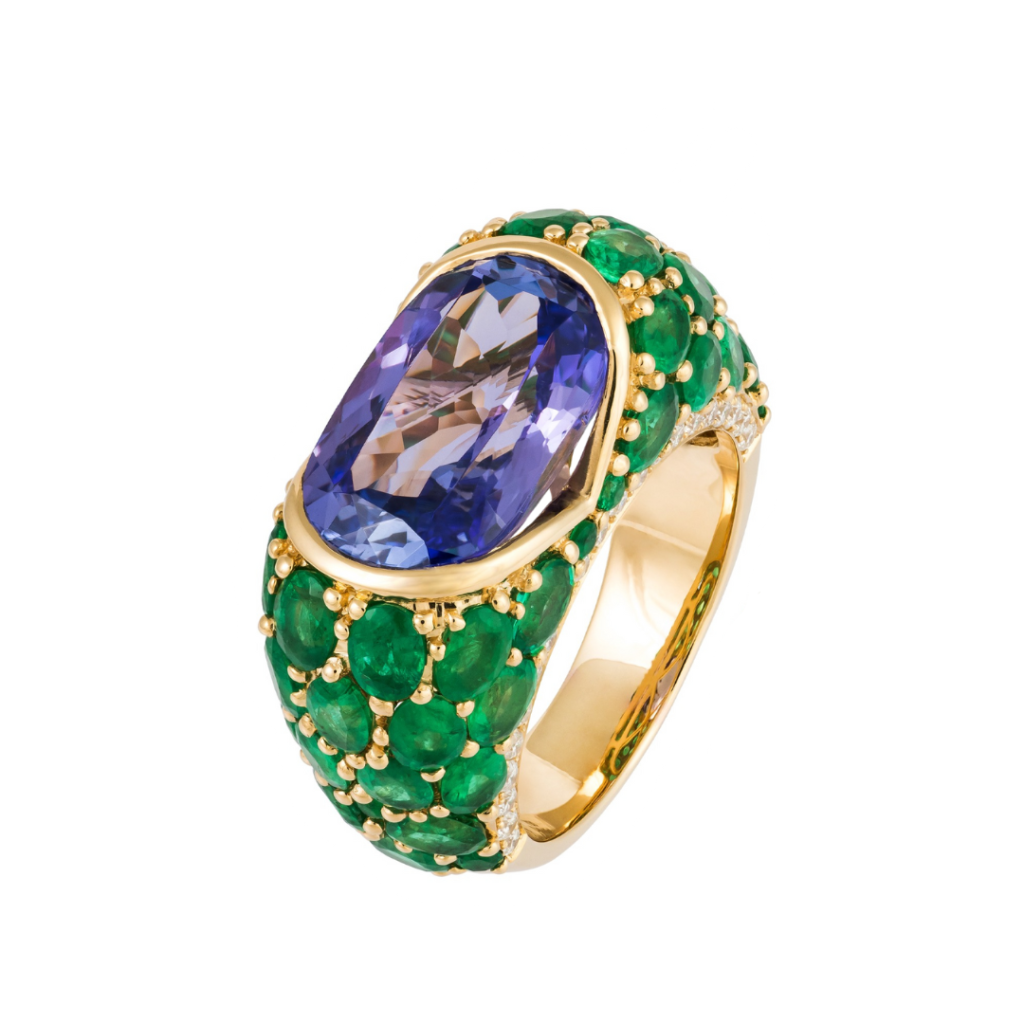 925 Sterling Silver Diamond Emerald Tanzanite Ring