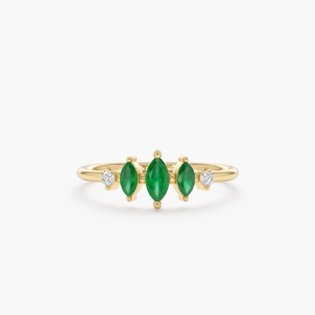 925 Sterling Silver Diamond Emerald Tiara Ring