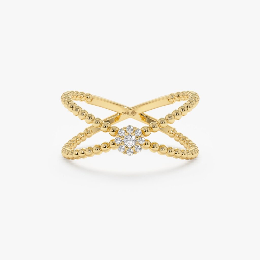 925 Sterling Silver Diamond Flower Beaded X Ring