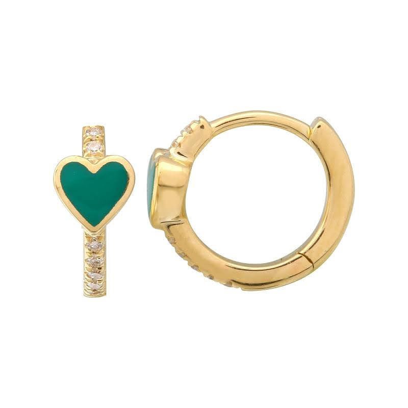 925 Sterling Silver Diamond Green Enamel Heart Hoop Earring